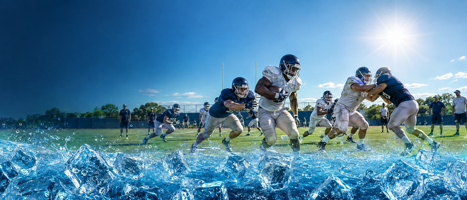 College football players running a drill on a sunlit field above a bed of ice